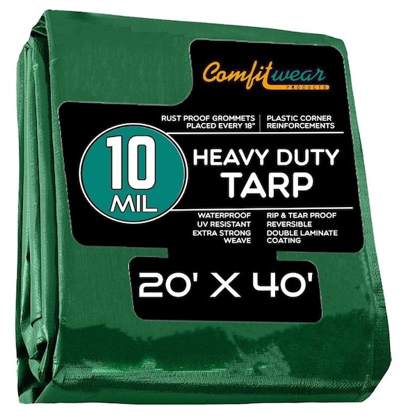 Comfitwear 10 MIL Heavy Duty Multi-Purpose Tarp Cover Rust Proof Waterproof Reinforced Edges Green/Black MTGB-2040 - main